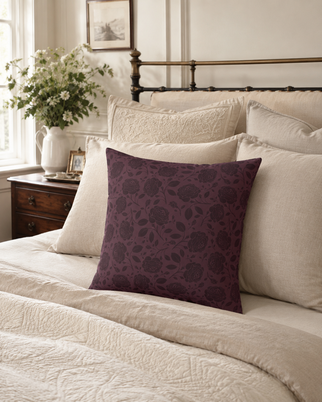 Burgundy Rose Pattern Pillow | Floral Throw Pillow, Dark Plum Botanical Cushion