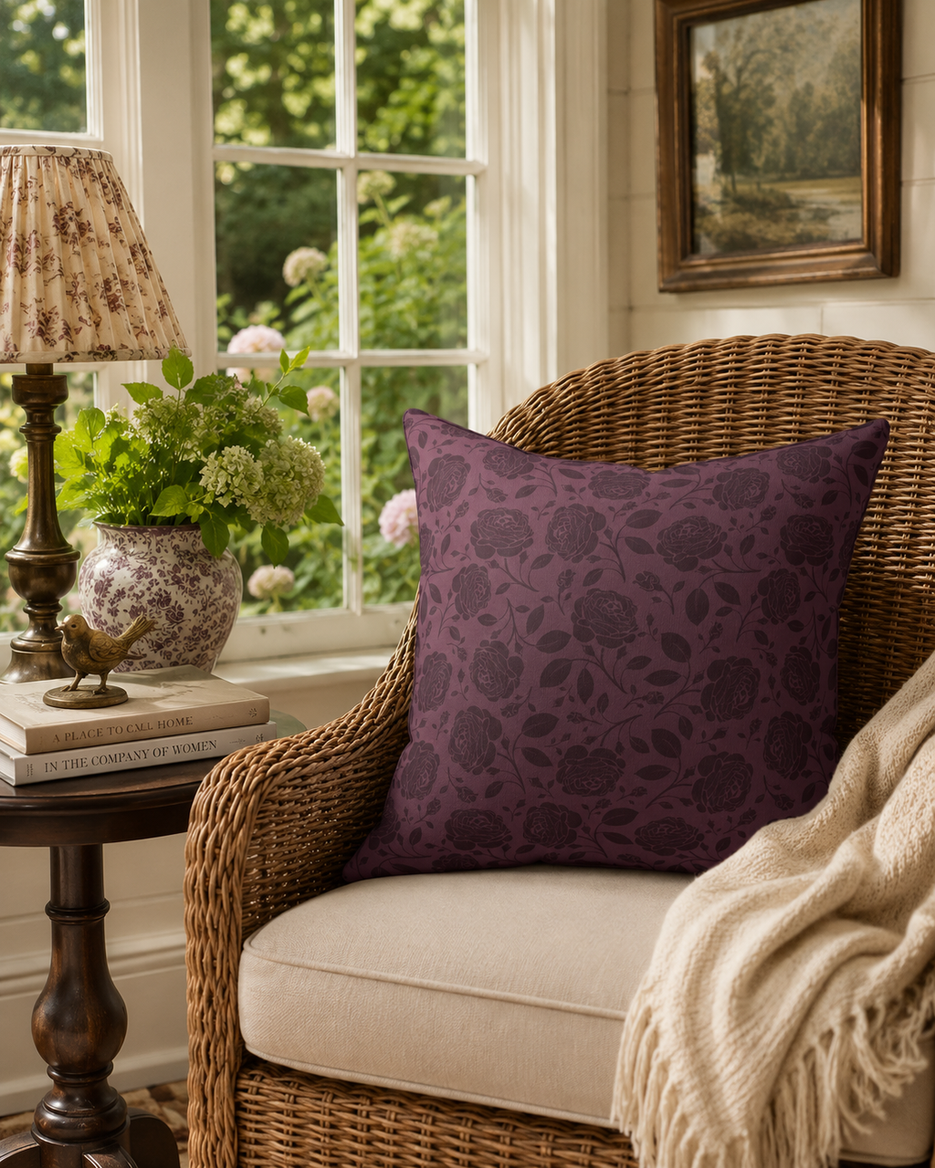 Burgundy Rose Pattern Pillow | Floral Throw Pillow, Dark Plum Botanical Cushion