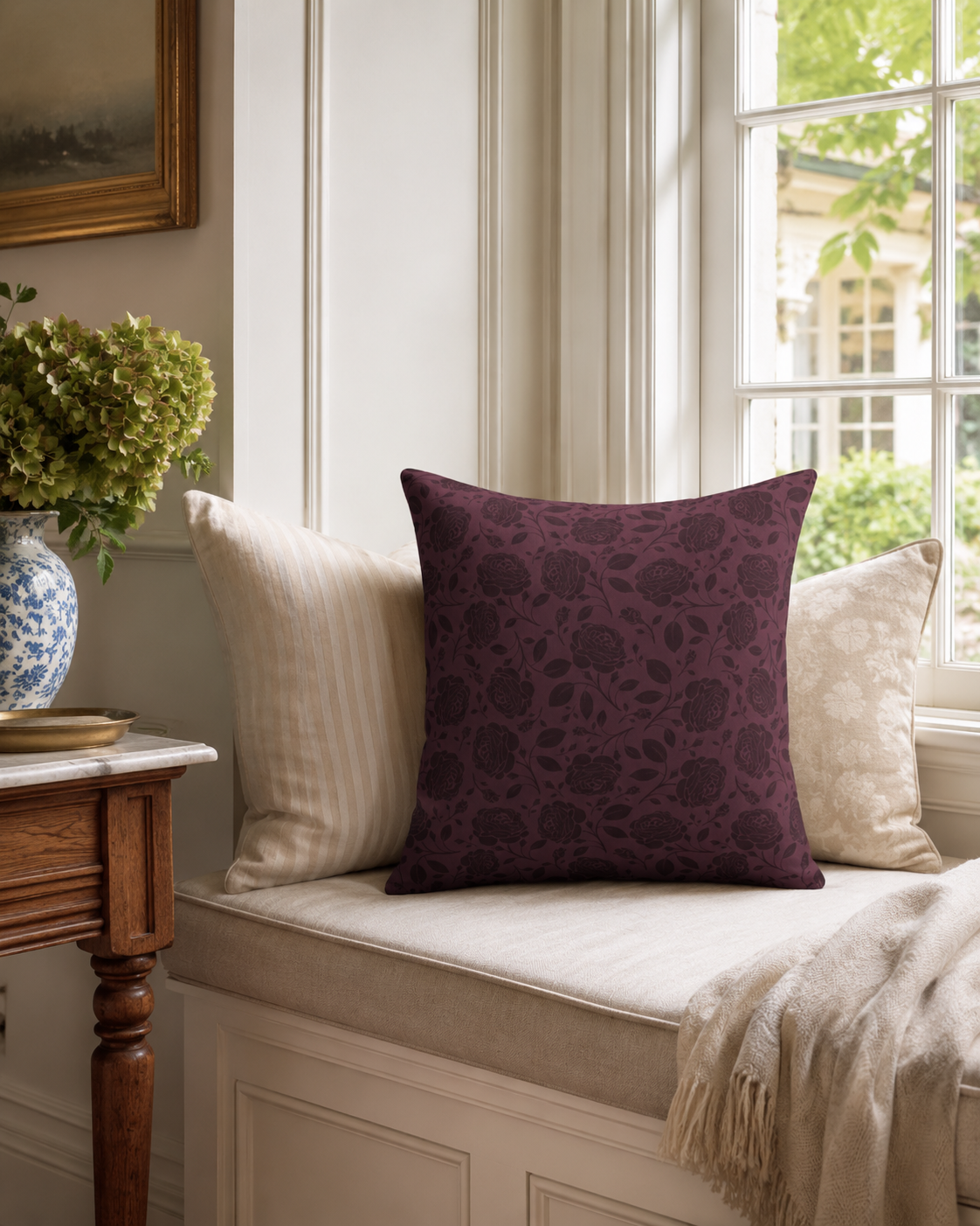 Burgundy Rose Pattern Pillow | Floral Throw Pillow, Dark Plum Botanical Cushion