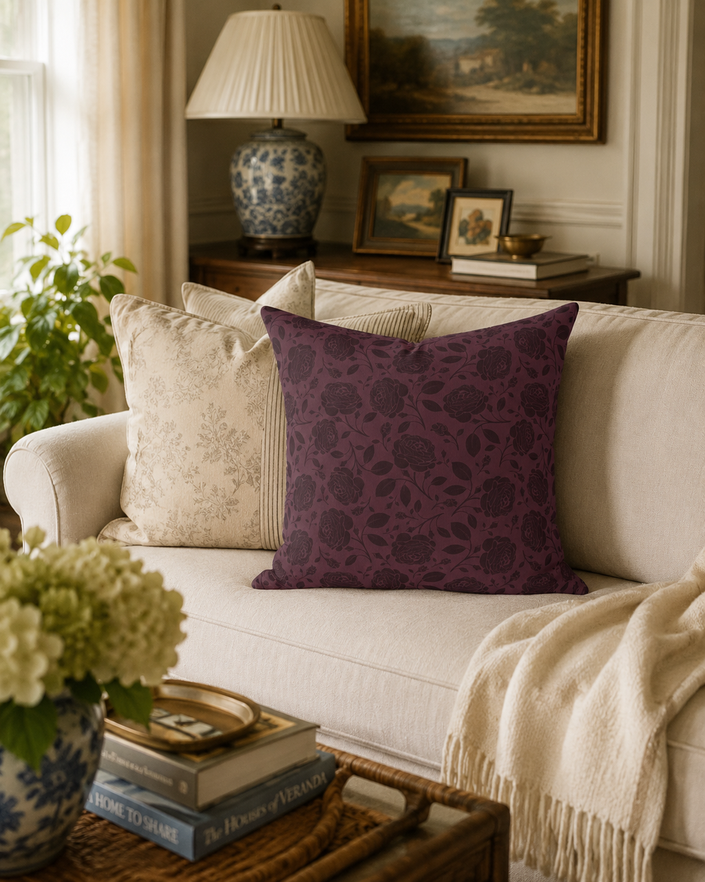 Burgundy Rose Pattern Pillow | Floral Throw Pillow, Dark Plum Botanical Cushion