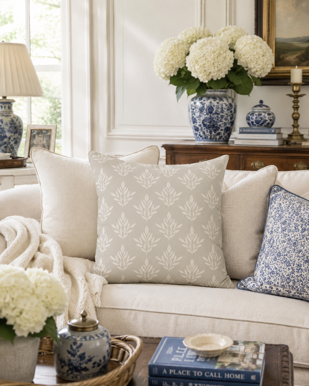 Neutral Floral Pattern Pillow | Square Decorative Pillow, Beige Leaf Motif