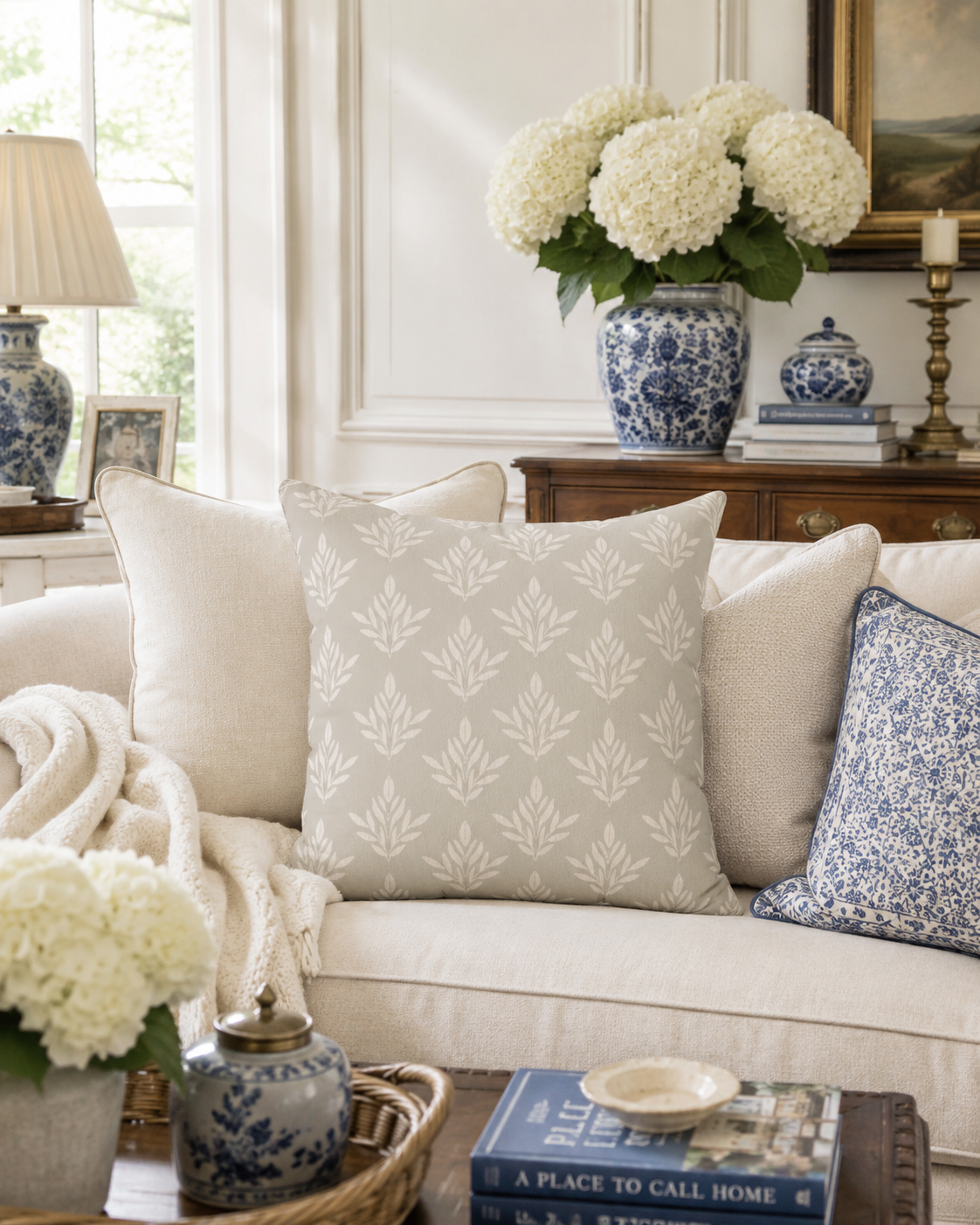 Neutral Floral Pattern Pillow | Square Decorative Pillow, Beige Leaf Motif