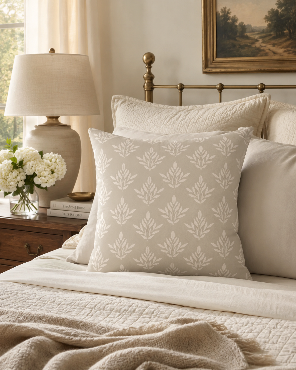Neutral Floral Pattern Pillow | Square Decorative Pillow, Beige Leaf Motif