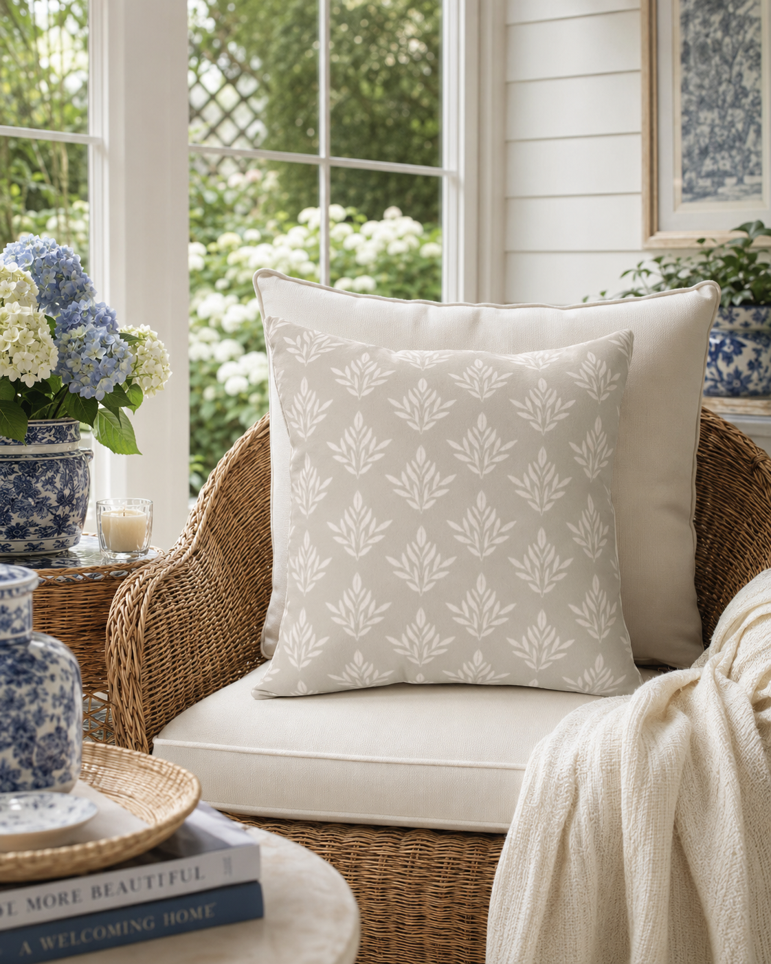 Neutral Floral Pattern Pillow | Square Decorative Pillow, Beige Leaf Motif