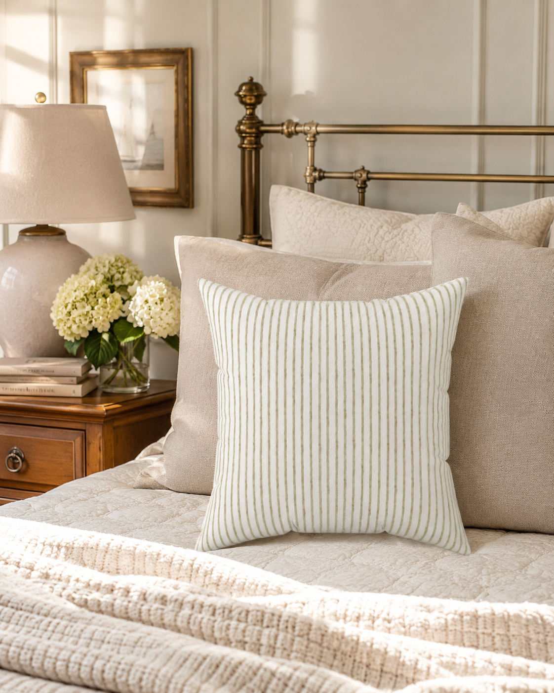 Neutral Vertical Stripe Pillow | Square Throw Pillow, Modern Farmhouse Accent