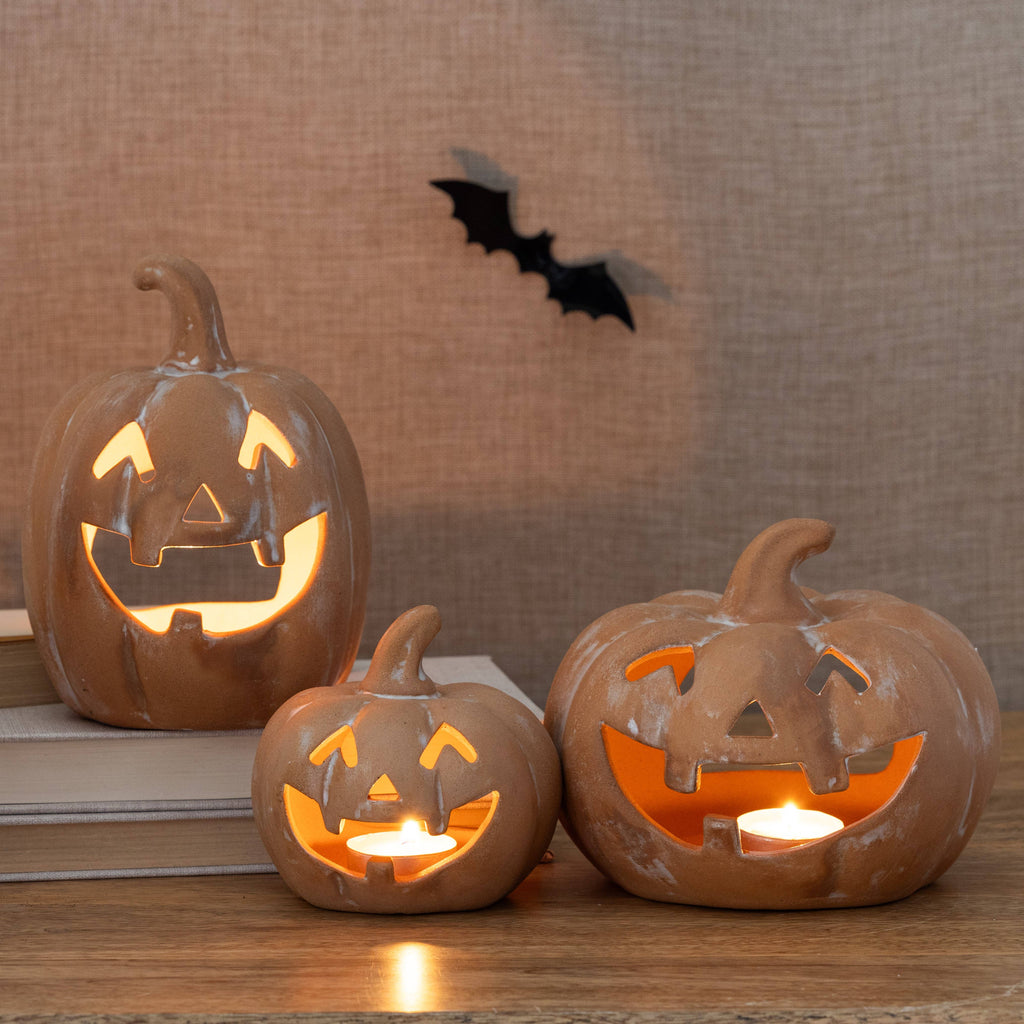 Halloween Pumpkin Candle Holder Set of 3 Resin Decor