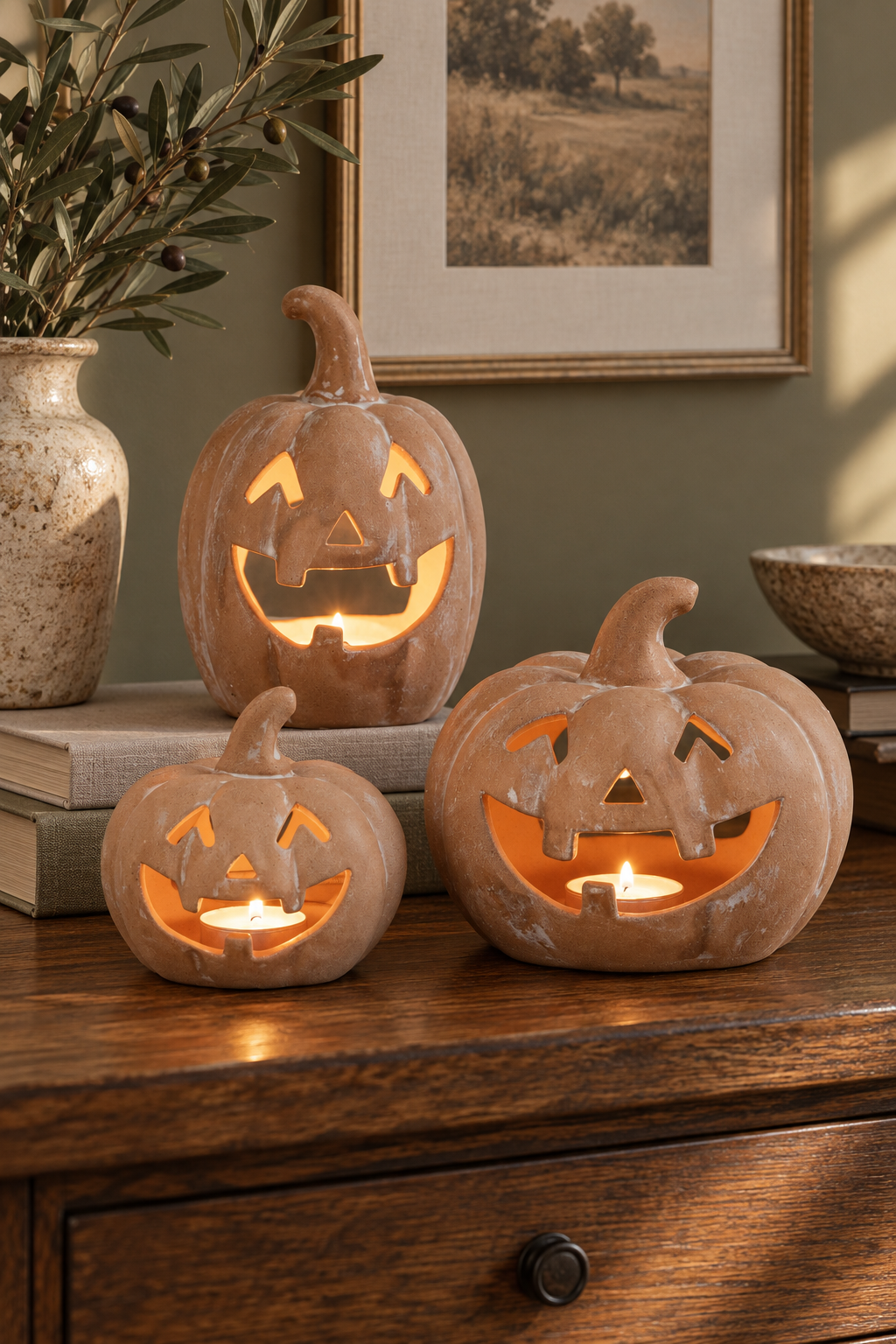Halloween Pumpkin Candle Holder Set of 3 Resin Decor