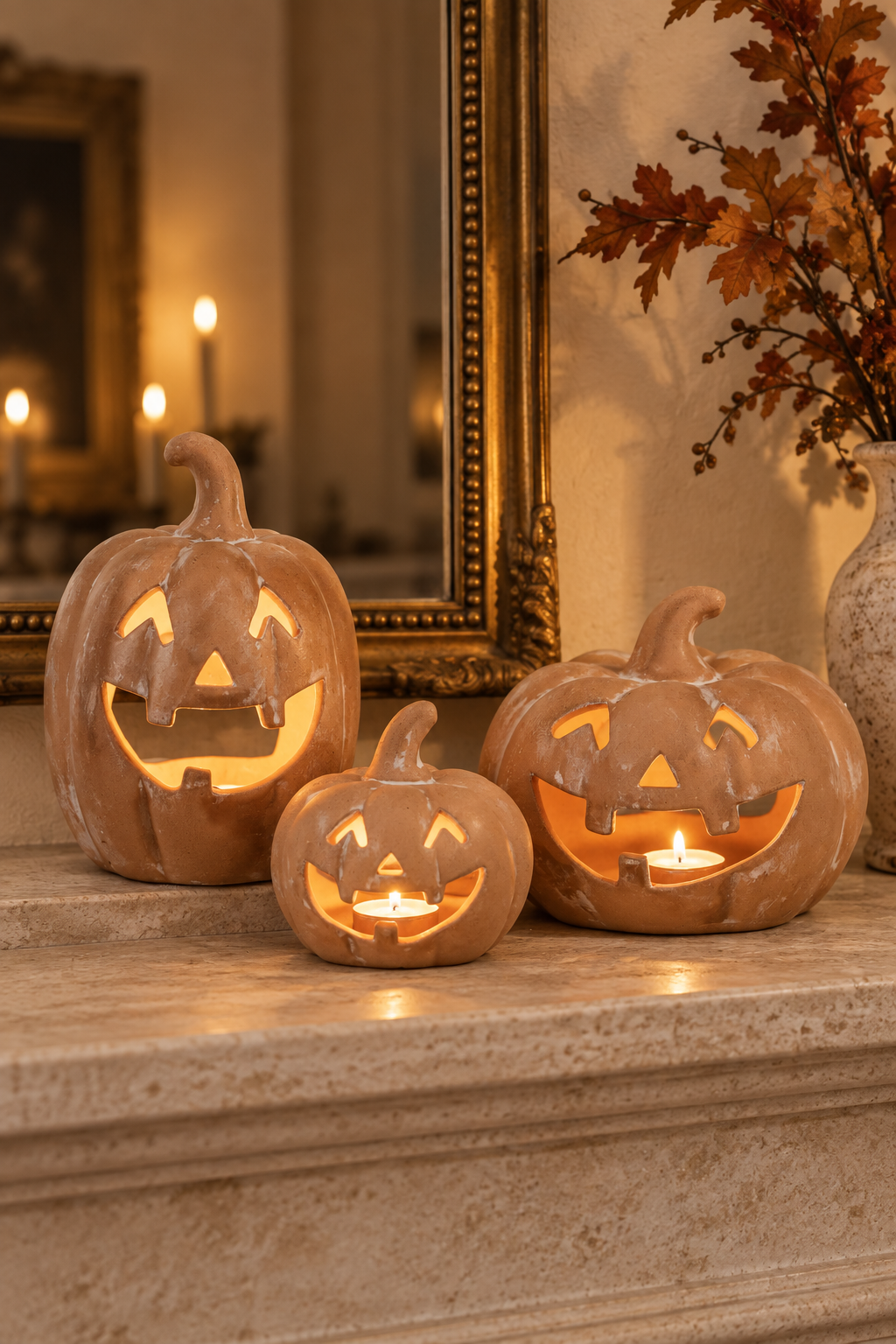 Halloween Pumpkin Candle Holder Set of 3 Resin Decor